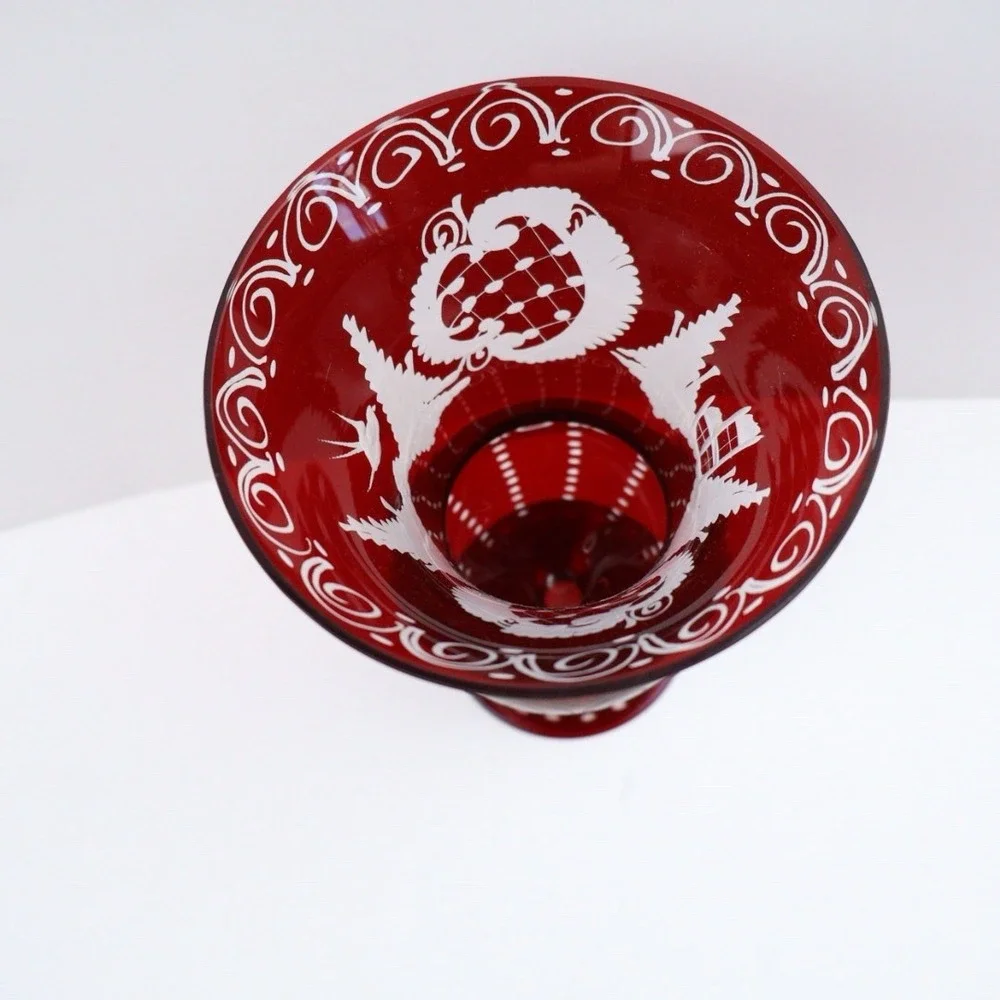 Vintage Bohemian Ruby Red Cut to Clear Glass Trumpet Vase 6